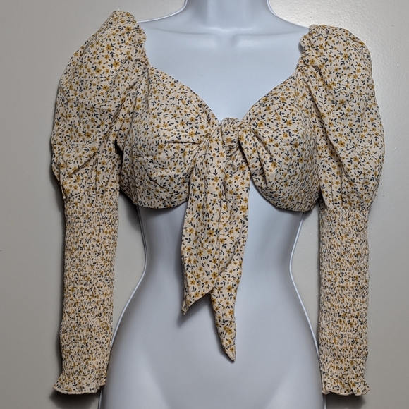 Love Tree Floral Puff Long Sleeve Tie Front Crop Top Ivory Yellow Cottagecore - Picture 2 of 11